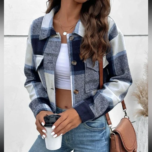 Boho navy blue plaid button down cropped jacket - Picture 1 of 16